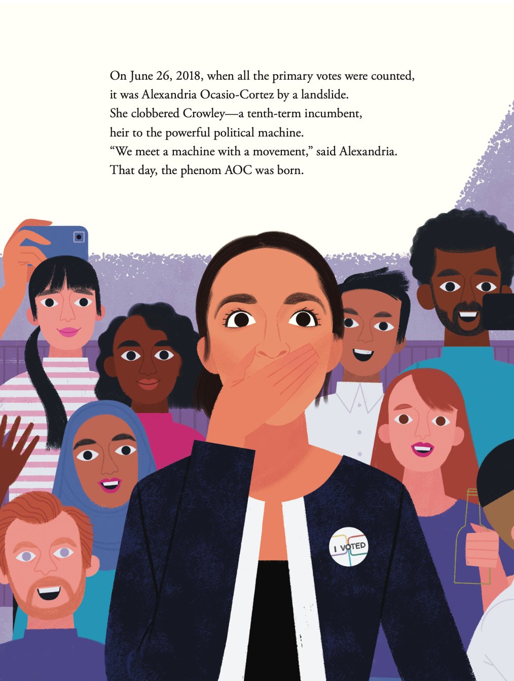 Interior of Phenomenal AOC: The Roots and Rise of Alexandria Ocasio-Cortez. Illustration of AOC looking happily surprised with her hand over her mouth. She is wearing a blue blazer with white piping. The background includes a crowd of smiling onlookers. 