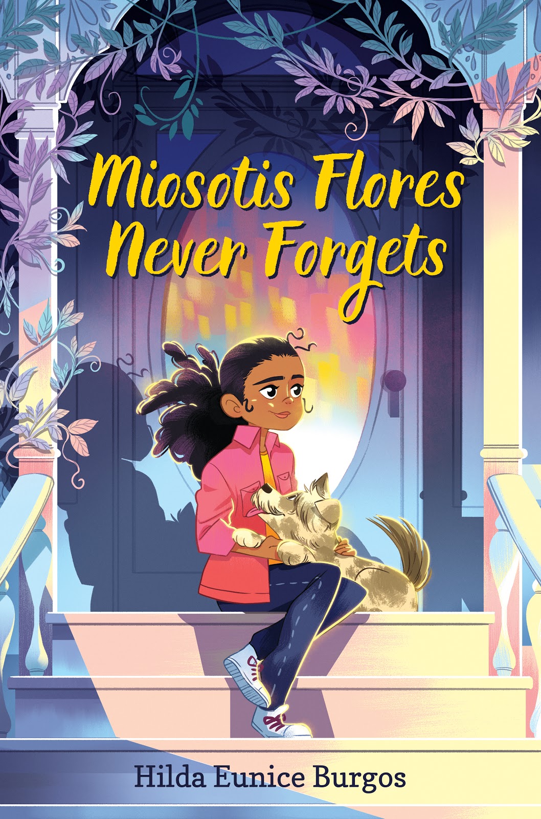 Cover of Cover Reveal of MIOSOTIS FLORES NEVER FORGETS, by Hilda Eunice Burgos, featuring a young girl sitting on steps with her dog on her lap.